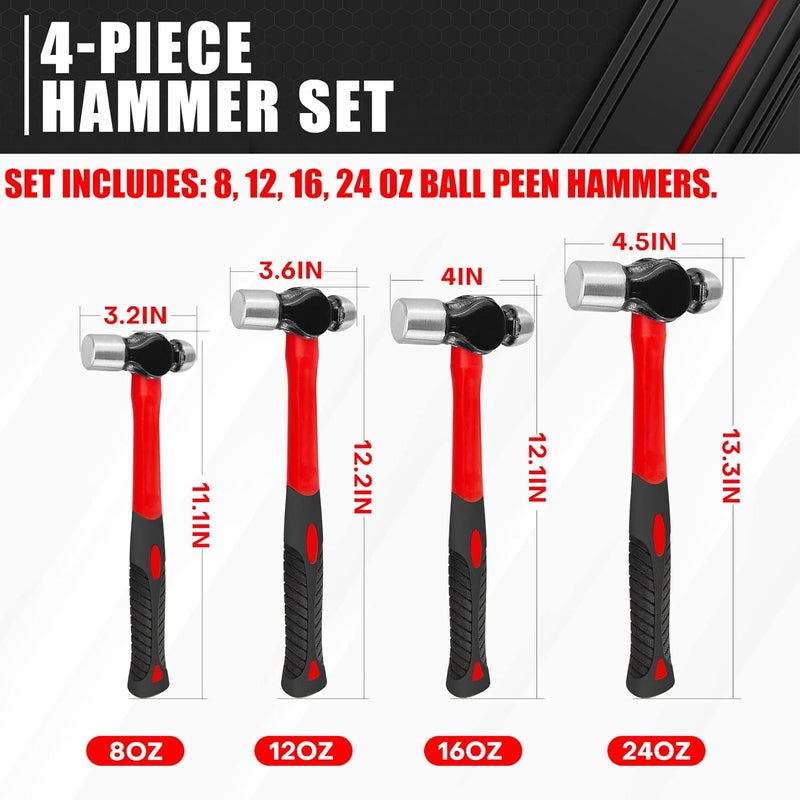 ct 4-Piece Ball Peen Hammer Set,8 12 16 24oz, Fiberglass Handle hammer for Ball Peen,Blow Striking Ball Pein Hammer Handle Tool with Forged Steel Construction & Shock Reduction Grip for Metal Working - Image 4